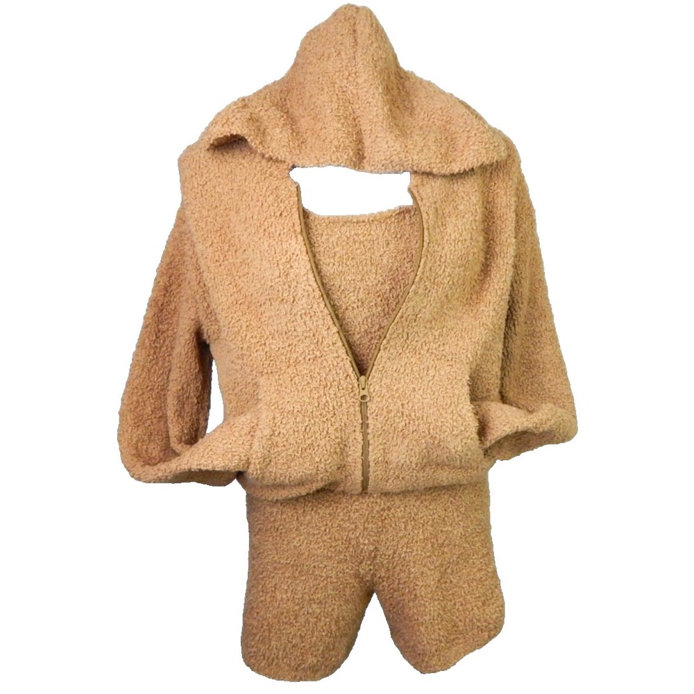 Skims Small/Medium Lounge Set Cozy Knit 3 Piece Hoodie Shorts Tank Tan Camel